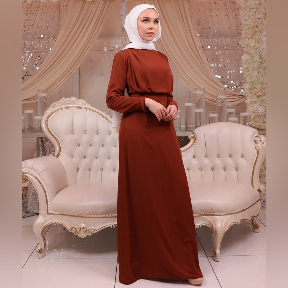 LAMEERA MODA BELLA CHIFFON DRESS- BURNT ORANGE MUSLIM MODEST LONG SLEEVE MAXI